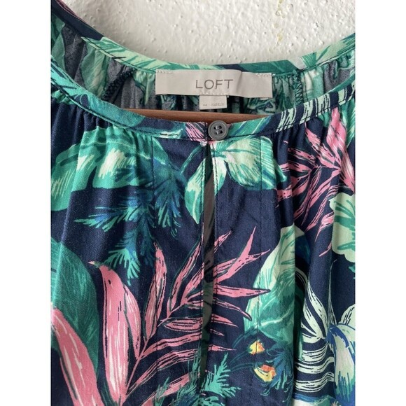 Loft Tropical Print Cap Sleeve Blouse Cotton Size M Green And Blue - Picture 6 of 7